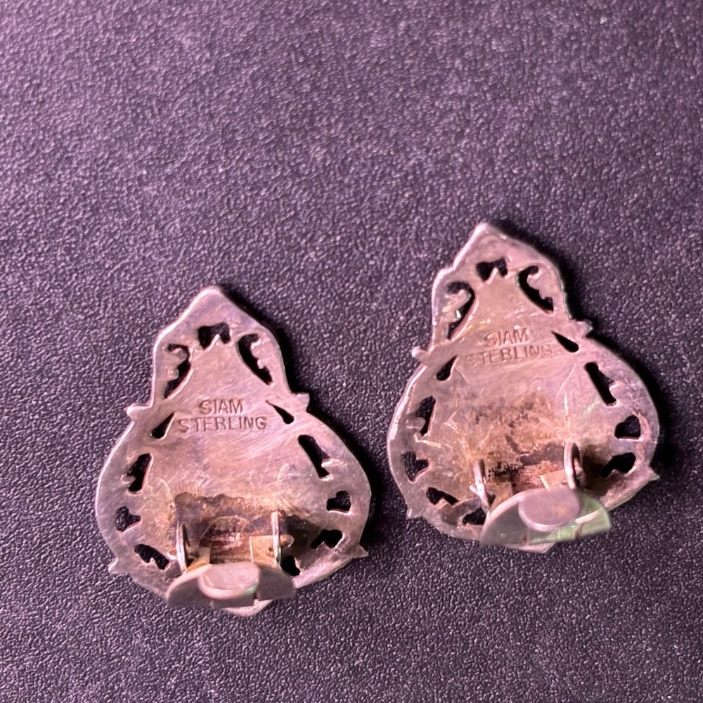 Vintage Siam Sterling Silver Niello Mekkala Goddess Clip On Earrings Thai SS3 - Picture 4 of 7